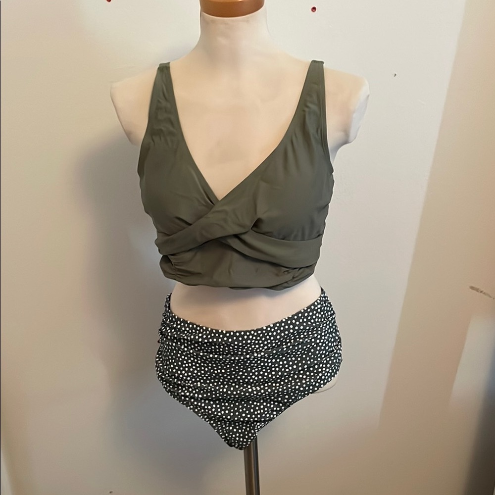 Swim Set: Olive Green Swim Top with Olive and White Bottoms
